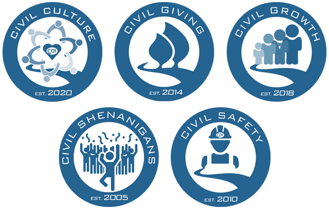 CDI Committee Logos - Civil Culture, Civil Giving, Civil Growth, Civil Shenanigans, and Civil Safety